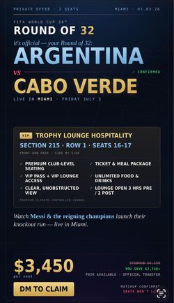 2 VIP World Cup Tickets — Argentina vs Cabo Verde, Miami 7/3