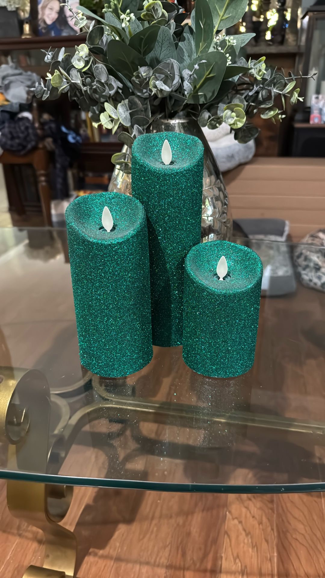 Luminara Set of 3 Glitter Flameless Pillar Candles ~ Emerald Green