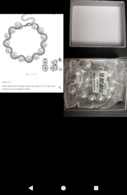 NEVER USED.   White Shell Pearl Bracelet & Stud Earrings Set in Stainless Steel 