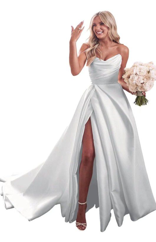Women’s Strapless Satin Prom Dresses Long Wedding Dress A-Line Formal Evening Party Gowns with Slit

