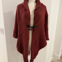 Charter Club Burgundy Knit Poncho Shawl Wrap w/ Toggle & Fringe – One Size 