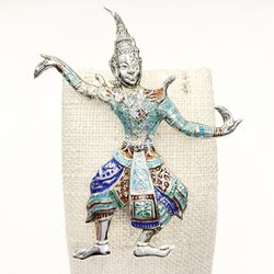 Vintage Sterling Signed Siam Dancing Goddess Enamel Brooch Pin 