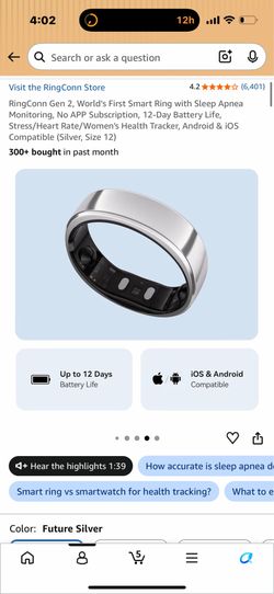 Brand New RingConn Gen 2 Smart Ring – Silver – Size 12 – $240 FIRM
