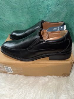 NWT George Black Leather Slip-On Dress Loafers for Men 12 Wide.