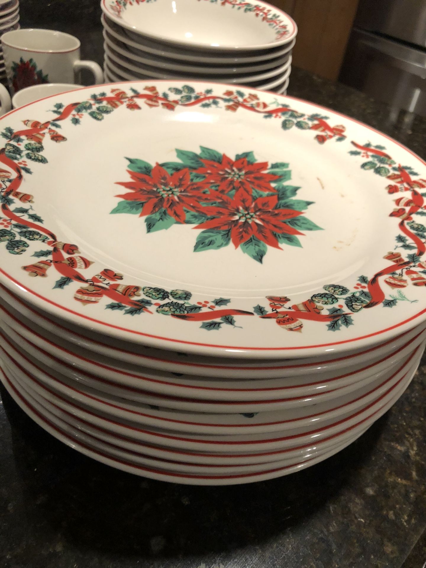 Sale pending… Holiday table setting for Ten / dinner plates, bowls, mugs and saucers