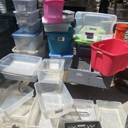 Storage tubs 30 Half with lids And very cool wooden crate