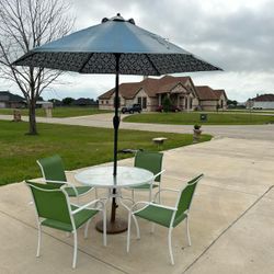Outdoor Set Table Glass And Chairs,,umbrella With Stand,,just Umbrella Has Sun Stain,,,,not Tears,,