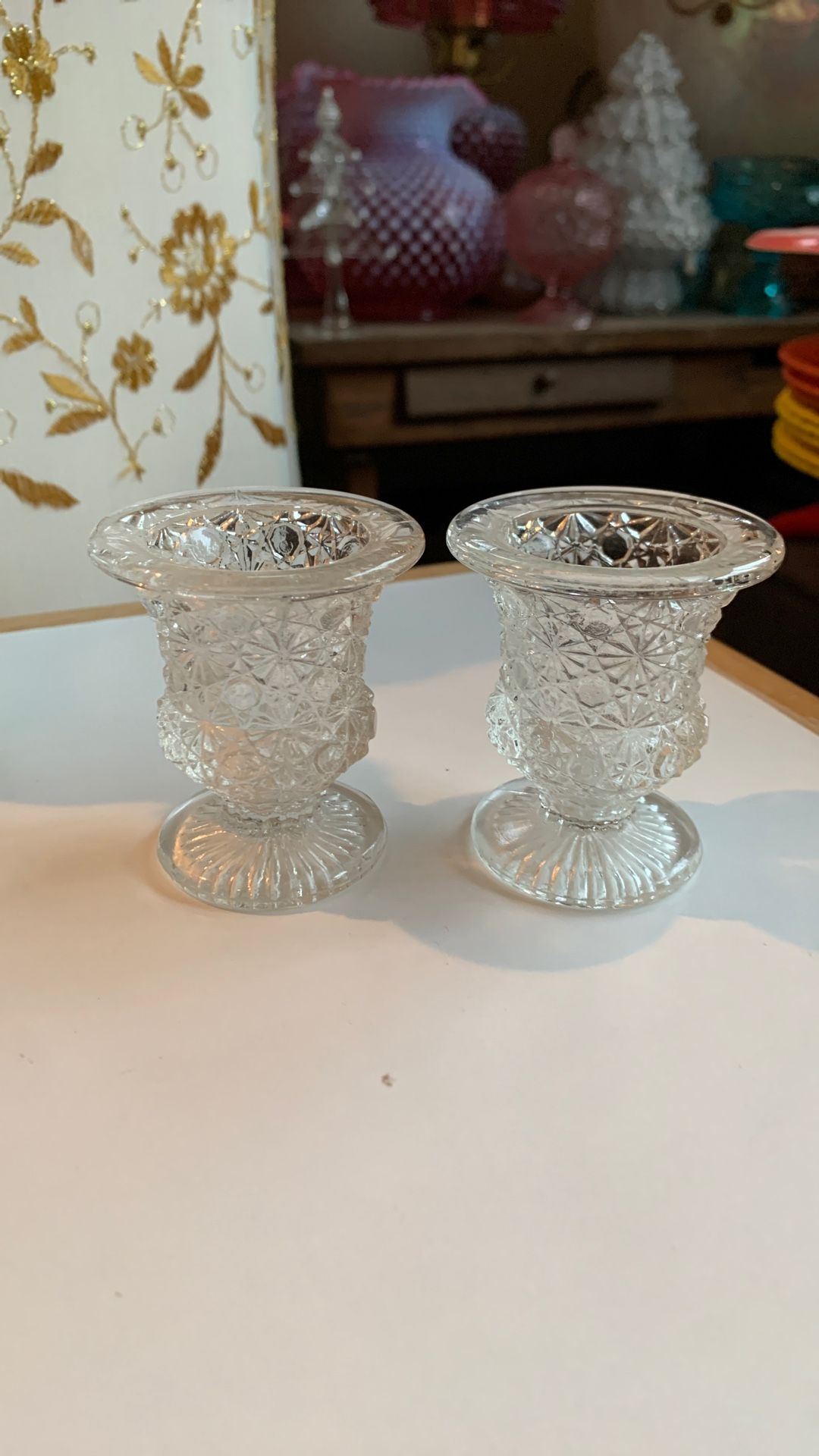 Pair Of Vintage EAPG Toothpick Holder Urn Vase Clear Glass Daisy & Button 2.5”