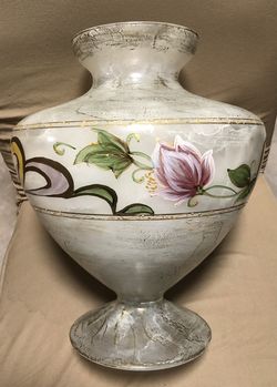 Glass Globe Vase With Hand Painted Flowers 12.5” Tall