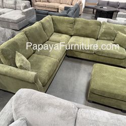 New! Green Sectional Sofa And Ottoman, Sage Sectional, Sectionals, Sofa, Couch, Living Room Sofa, Corduroy Sectional, Plush Sectional,Soft Plush Couch