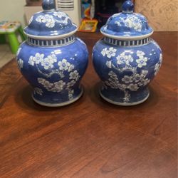 Qing Chinese Blue white Prunus Ginge Couverele 61/2 Pounce Antiques Numero De Objeta (contact info removed)0 Categoría Antigues  China Asian Vases