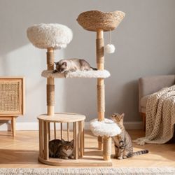 New 51" Modern Cat Tree with Rattan Basket, Multi-Level Cat Tower with Sisal Scrating Posts, Plush Perches, Solid Wood Cat Furniture for Indoor Cats  