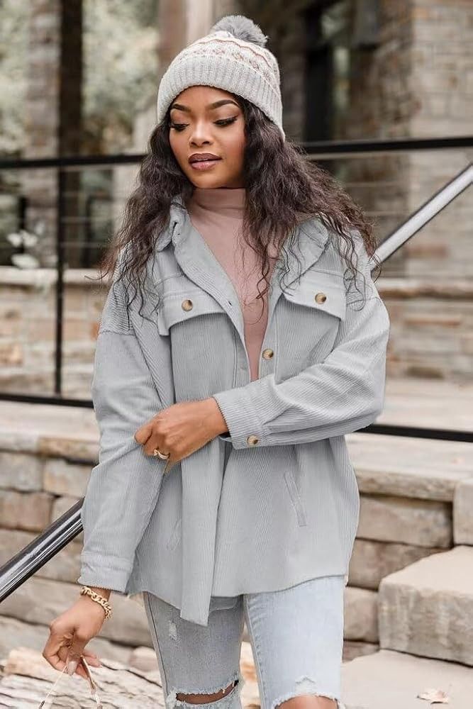 Womens Corduroy Shacket Blouse Button Down Shirt Pocket Long Sleeves Top Jacket Coat  XL extra Large 