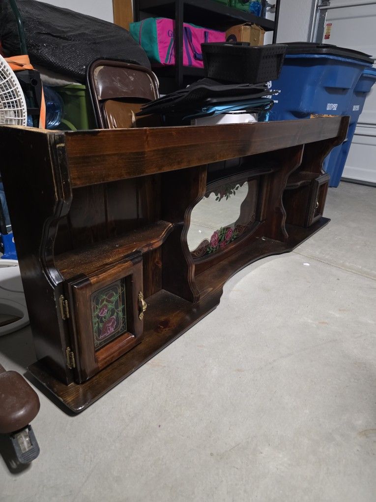 Wooden Headboard With Stained Glass Inserts