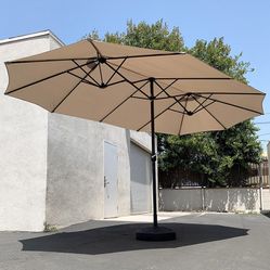 New in box $130 Large 15 FT Double Sided Outdoor Umbrella with 65 LBS Plastic Weight Base (Beige color)