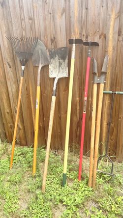Lot of Garden Tools – Shovels, Rake, Hoe & More