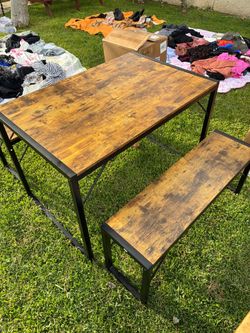 Rustic Wood and Metal Dining Table with Bench