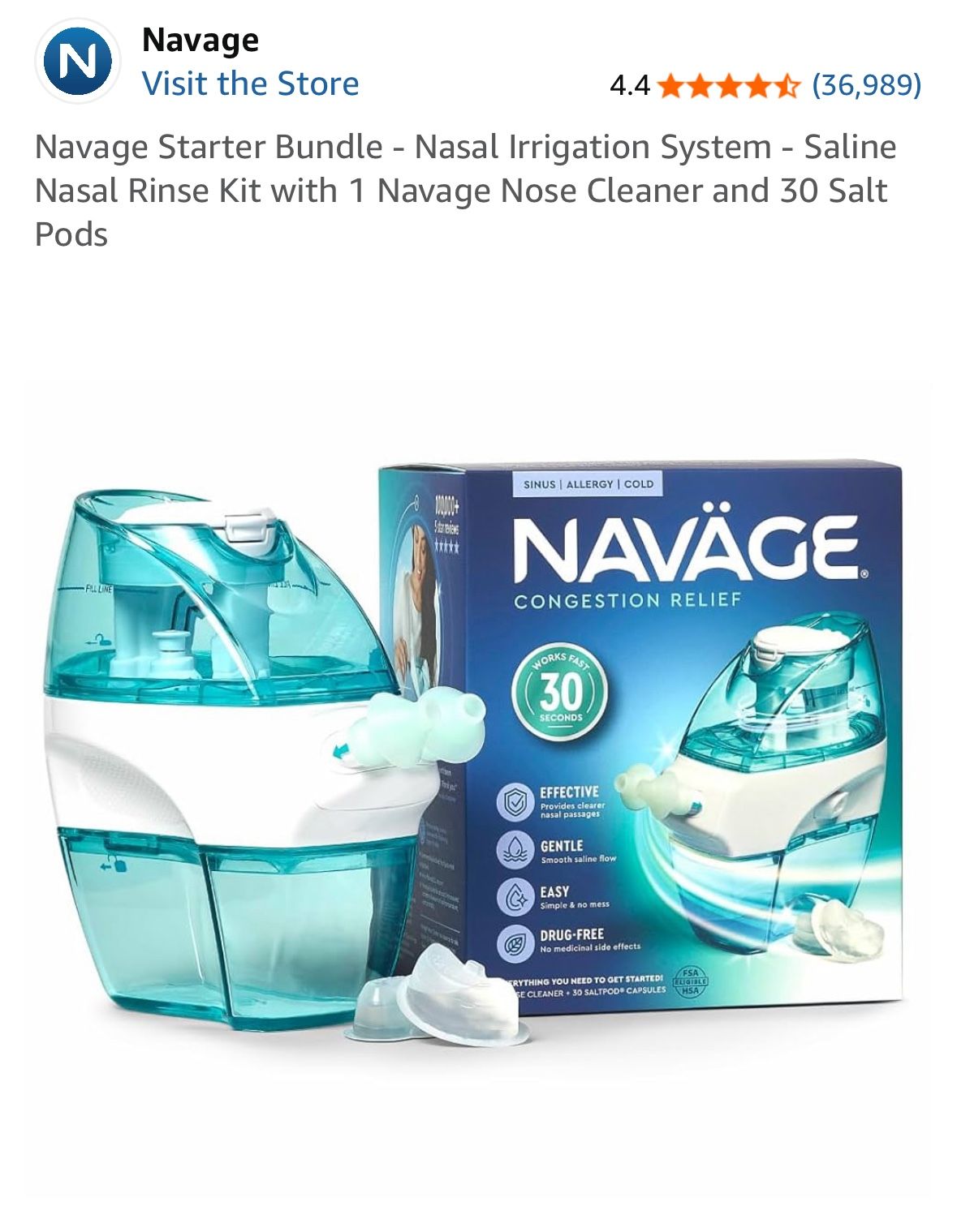 Navage Starter Bundle - Nasal Irrigation System - Saline Nasal Rinse Kit with 1 Navage Nose Cleaner and 30 Salt Pods