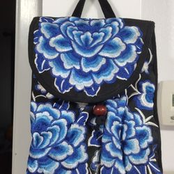 Black Backpack Purse With Blue Floral Design 