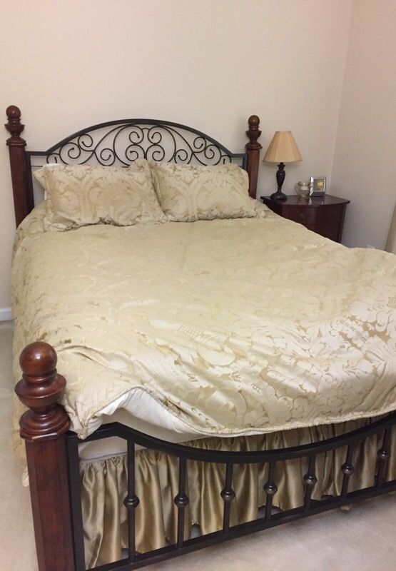 Queen wood and metal scroll bed frame (headboard, footboard and rails) only