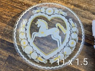 Peter Hunt Signed Folk Art Horse Design – Large Round Glass Serving Tray / Platter