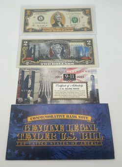 Never Forget 9/11 World Trade Center 20th Anniversary $2 Bill Set W/ COA.