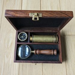Antique Old World Maritime Navigation Set w Travel Telescope, Compass, Magnifying Glass in Rosewood Storage Box. A Collectible!
