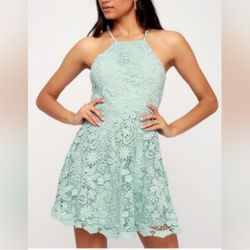 NWT Lulu's Love in the Air Mint Blue Lace Skater Dress Size Medium