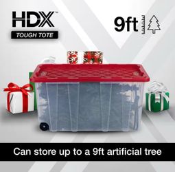 77 Gal. Tough Storage Tote with Wheels in Clear with Red Lid