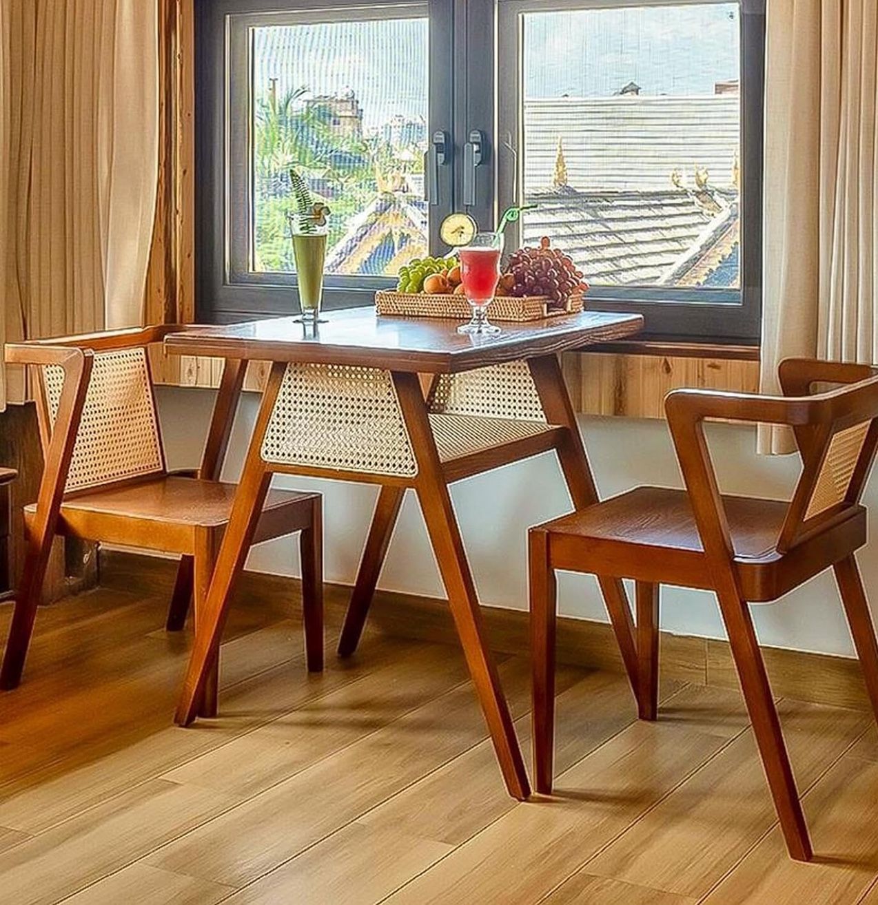 Bistro Rattan Table and Chair Set,Solid Wood Square Dining Room Table with 2 Chairs,Stacking Nesting Table Chair,Compact Kitchen Furniture(80×60×76cm(