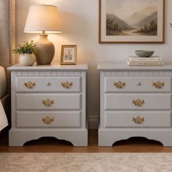 Pair of Light Gray 3-Drawer Nightstands with Brass Hardware