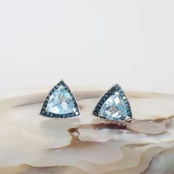 Sterling Silver Blue Topaz and Blue Diamond  Trilliant Shaped Earrings Made in India