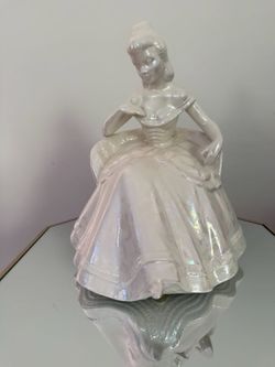 Vintage French Girl Ceramic Figurine Glossy White Finish Iridescent Sheen Sitting