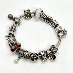 Authentic PANDORA (17) Charms Silver Preowned Bracelet 7.25inches 