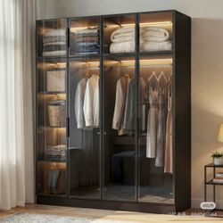 Large Display Cabinet with Lights, Modern Glass Doors Storage Cabinet with Shelves, Display Case with Metal Handles, Black 59.1”W x 19.7”D x 7