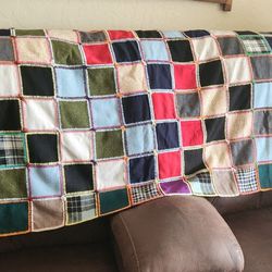 Vintage Patchwork Quilt Wool Squares Crocheted Handmade Boho Throw - Nice Condition - Approx  80" X 48"