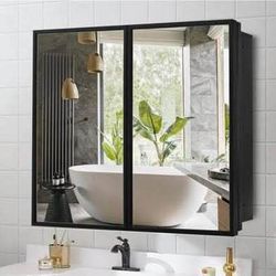 New Medicine Cabinet with Mirror 30x26 Farmhouse Black Metal Framed Recessed or Surface Bathroom