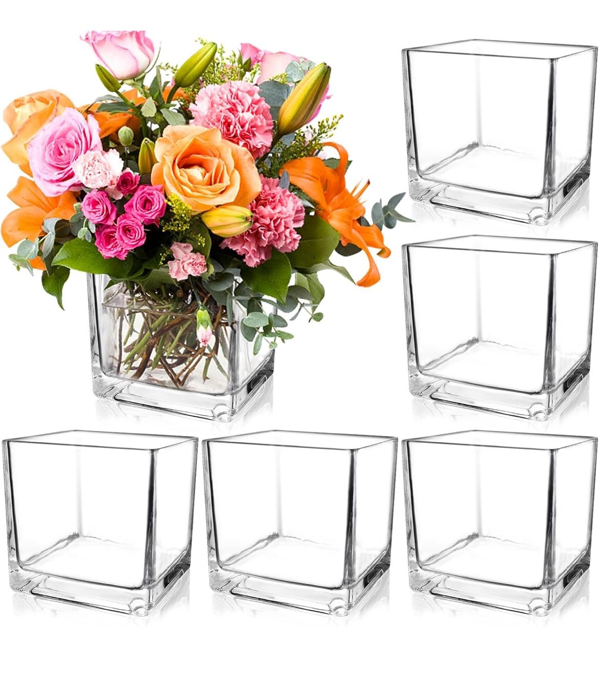 6 Pack Square Glass Vases 5 x 5 x 5 Inch, Clear Cube Flower Vases for Centerpieces, Candle Holders for Wedding Party Home Decor