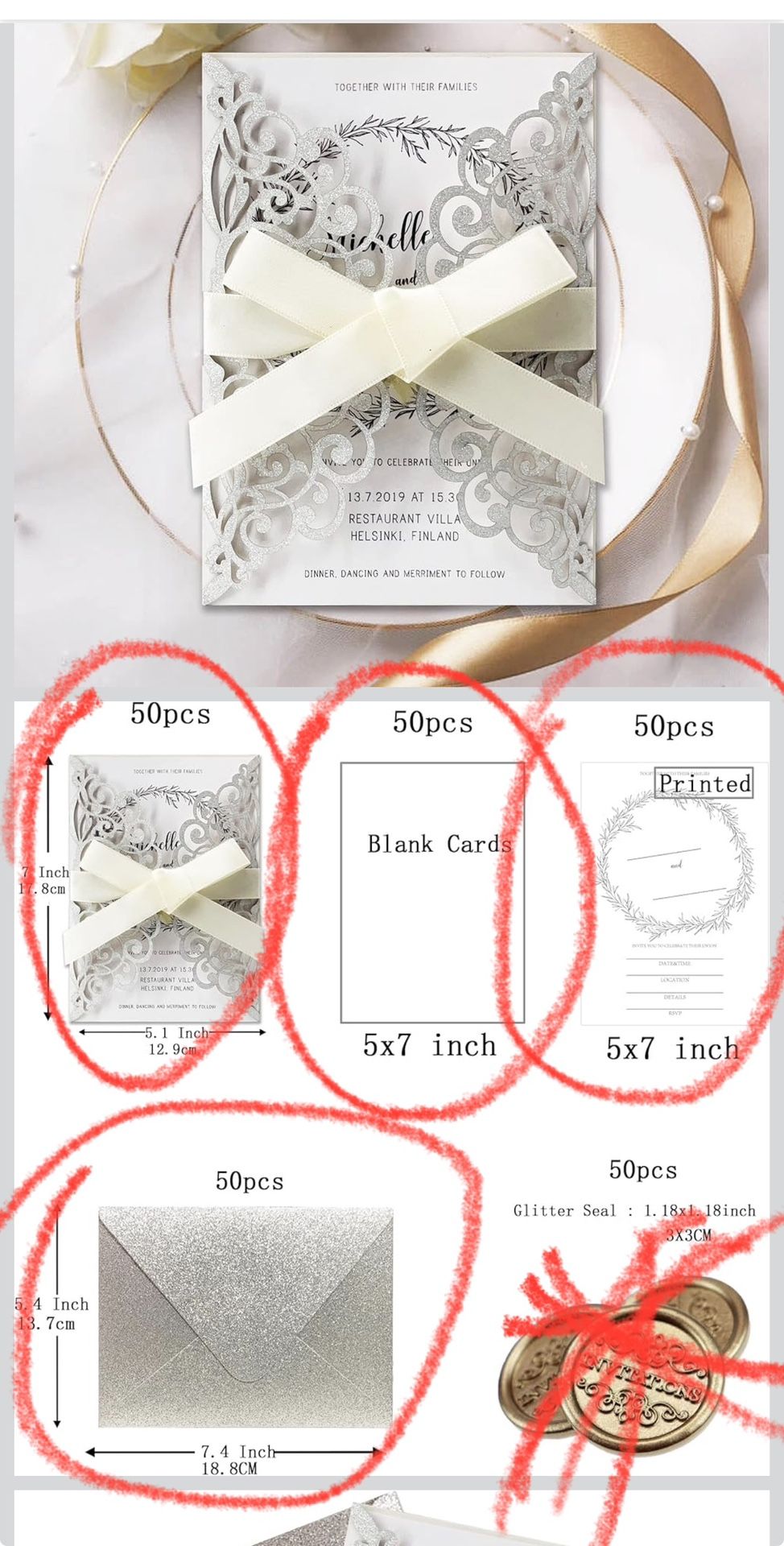 5x7 Blank Invitations Some Silver Glitter Sleeves And Envelopes