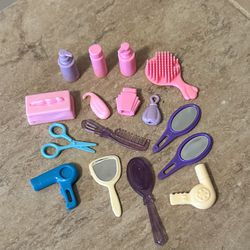 Barbie Salon Accessories Lot Of 16 Hair Brush, Blow Dryers, Tissues, Scissors