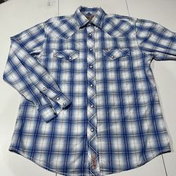 Rafter C Pearl Snap Button Up Shirt Adut Large Blue Plaid Cowboy Western Blue