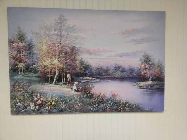 An impressionist oil painting on canvas that depicts a mother and daughter near a lake.