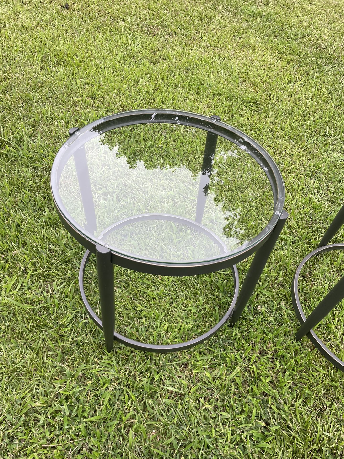 Set of 3 Black Metal & Glass Side Tables - 24" Diameter, 2 ft Tall, Excellent Condition