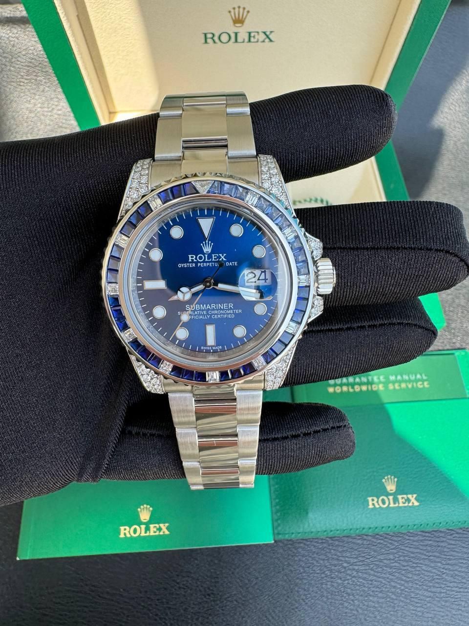 Rolex Submariner Date 40mm stainless steel blue dial ceramic bezel 116610LN custom natural diamonds and sapphires box and appraisal papers