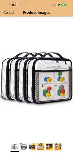 Toy Storage Organizer Clear 4 Pack Building Bricks Blocks Bag with Zipper Durable PVC case with name tag & manual pocket; holds blocks, clay, board ga