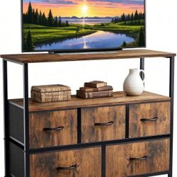 Dresser TV Stand, Entertainment Center With 5 Fabric Drawers, Media Console Table For TV With Open Storage Shelf Dresser For Bedroom/Living Room/Hallw