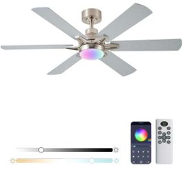 New 52” Ceiling RGB Fan with Lights Remote/APP Control,Low Profile Dimmable Reversible Motor Nickel