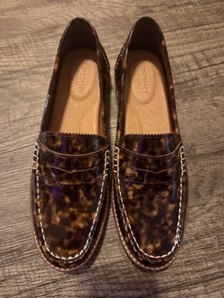 Authentic Sperry Seaport Tortoise Patent Leather Penny Loafers Size 8.5 Like New