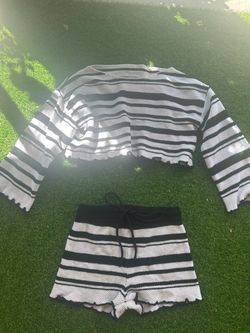 Black & White Striped Knit Crop Top and Shorts Set