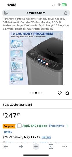 Nictemaw Portable Washing Machine, 20Lbs Capacity Full-Automatic Portable Washer Machine, 2.8Cu.ft Washer and Dryer Combo with Drain Pump, 10 Programs